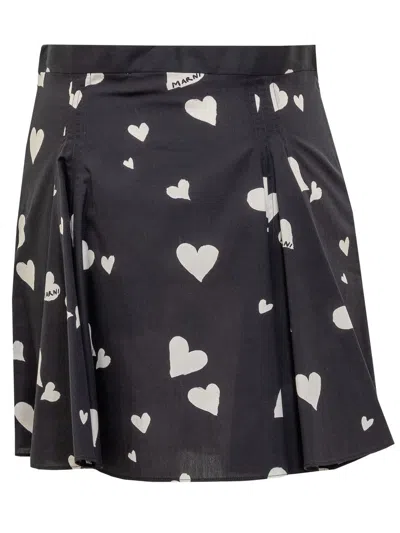 Marni Black Poplin Skirt With Bunch Of Hearts Print In Black