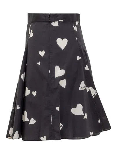 Marni Black Poplin Skirt With Bunch Of Hearts Print In Black