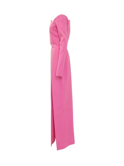 Monot Long Crepe Dress W/ Wavy Neckline In Pink