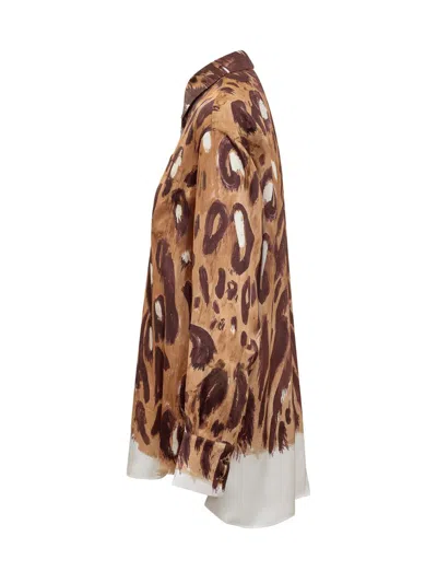 Marni Wild Bunch Print Satin Long Shirt In Brown