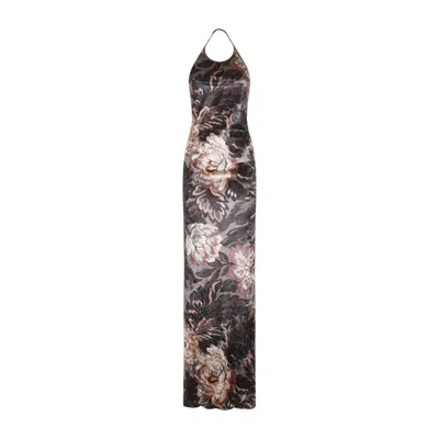 Etro Floral Crushed Velvet Backless Gown In Grey