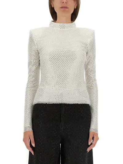 Self-portrait Rhinestone Fishnet Top In Silver In White