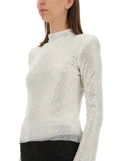 Self-portrait Rhinestone Fishnet Top In Silver In White