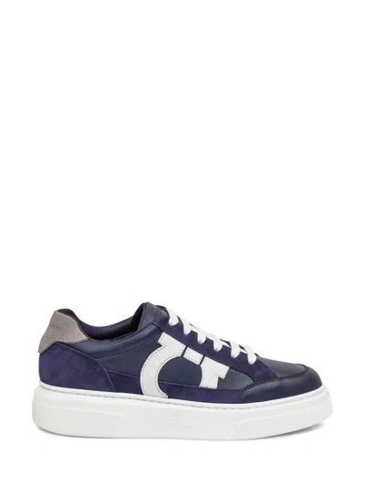 Ferragamo Low Top Sneaker With Gancini Outline In Blue