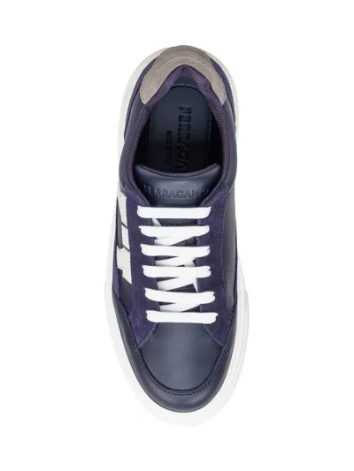 Ferragamo Low Top Sneaker With Gancini Outline In Blue