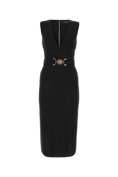 Versace Black Midi Dress With Criss-cross Belt And Medusa Buckle In Stretch Viscose Woman In Black