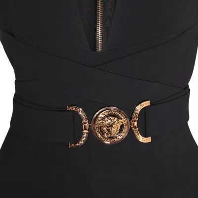 Versace Black Midi Dress With Criss-cross Belt And Medusa Buckle In Stretch Viscose Woman In Black