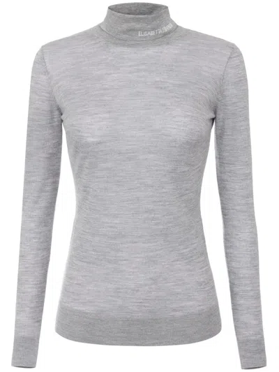 Elisabetta Franchi Gray Wool Turtleneck Sweater With Logo Embroidery In Grigio Melange