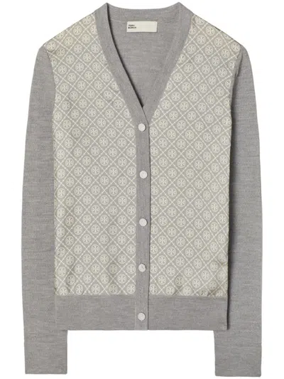 Tory Burch Merino Wool Cardigan In Grey