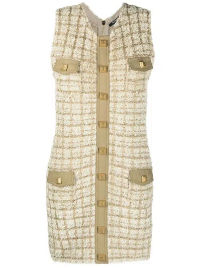 Balmain Textured Tweed Short Dress With Front Pockets In Neutral