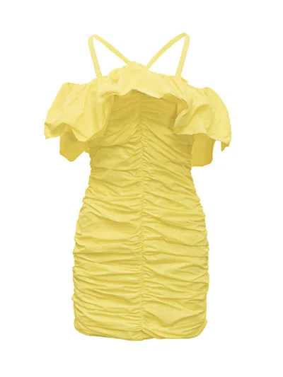 Msgm Ruched Nylon Mini Dress In Yellow
