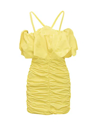Msgm Ruched Nylon Mini Dress In Yellow