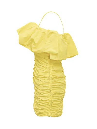 Msgm Ruched Nylon Mini Dress In Yellow