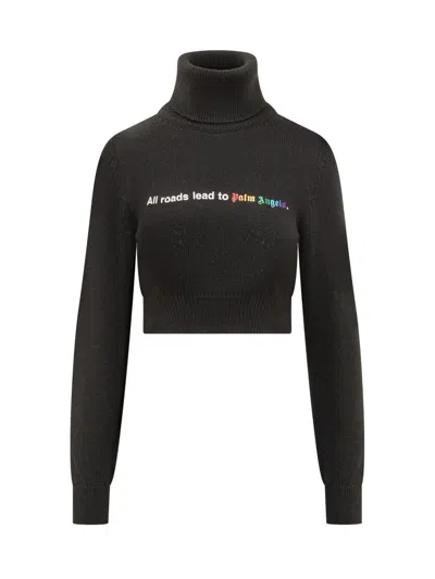 Palm Angels All Roads Text Detail Cropped Turtleneck In Black