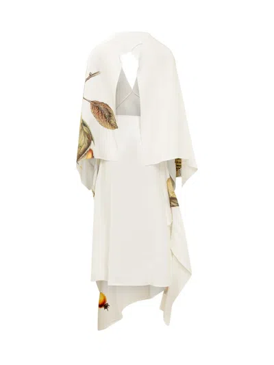 Ferragamo Long White Asymmetric Dress With Graphic Print In Viscose Blend Woman In White