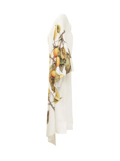 Ferragamo Long White Asymmetric Dress With Graphic Print In Viscose Blend Woman In White