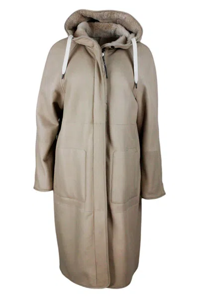 Brunello Cucinelli Reversible Coat In Soft Shearling With Hood In Beige