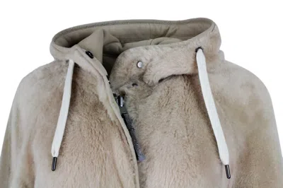 Brunello Cucinelli Reversible Coat In Soft Shearling With Hood In Beige