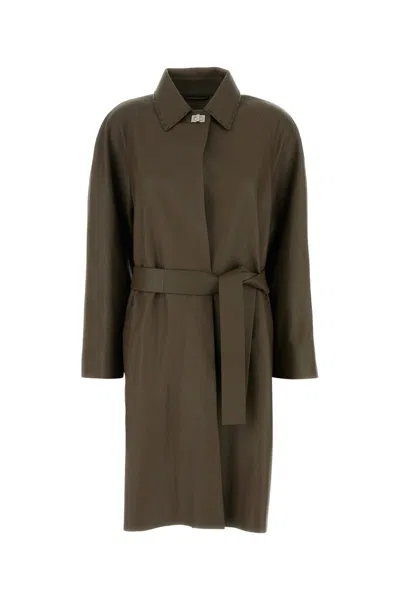 Fendi Leather Trench Coat With Belt And Collar In Green
