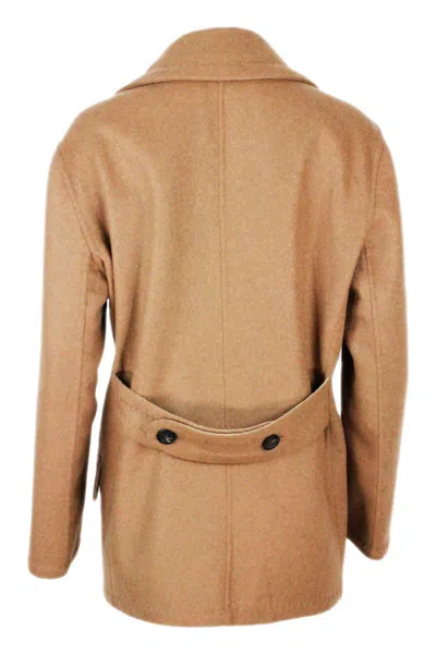 Malo Three-quarter Coat In Wool And Cashmere With Double-breasted Buttoning And Contrasting Tailored Seam In Brown