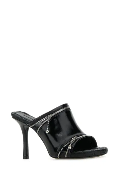Burberry Glossy Leather Peep Mules In Black
