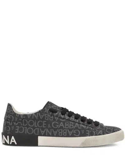 Dolce & Gabbana Leather And Fabric Low-top Sneakers With All-over Motif In Black