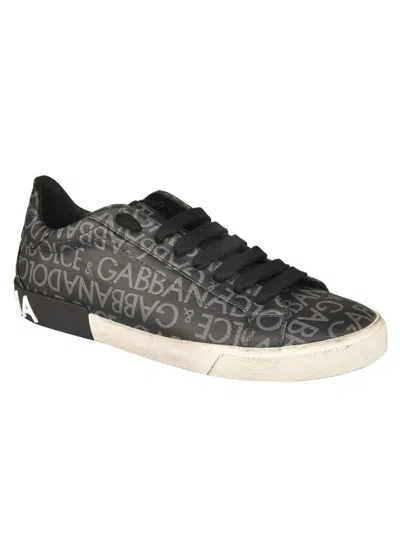 Dolce & Gabbana Leather And Fabric Low-top Sneakers With All-over Motif In Black