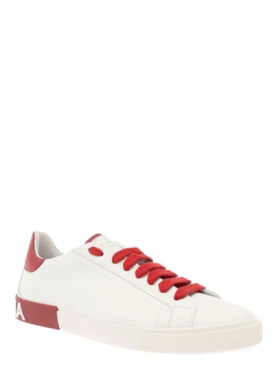 Dolce & Gabbana 'portofino' White And Red Low Top Sneakers With Logo Patch In White