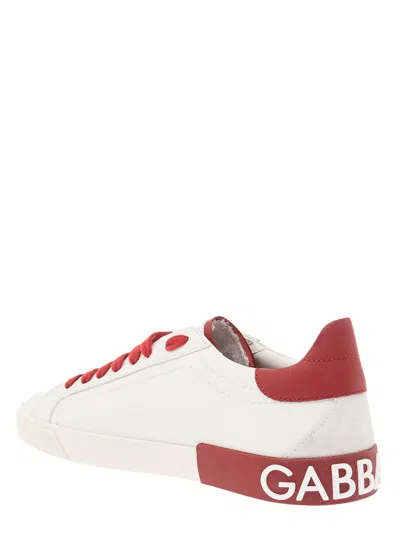 Dolce & Gabbana 'portofino' White And Red Low Top Sneakers With Logo Patch In White