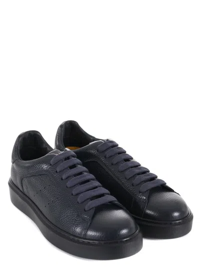 Doucal's Black Tumbled Leather Sneakers With Suede Heel In Blue