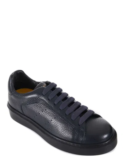 Doucal's Black Tumbled Leather Sneakers With Suede Heel In Blue