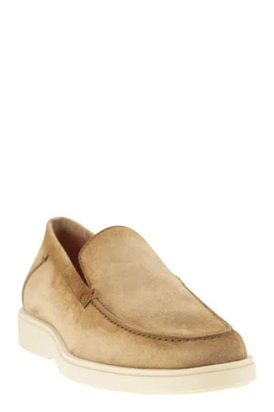 Santoni Brown Suede Loafers With Rubber Sole In Neutral