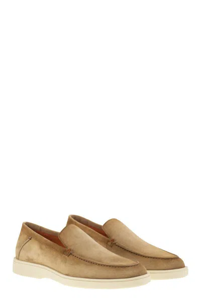 Santoni Brown Suede Loafers With Rubber Sole In Neutral