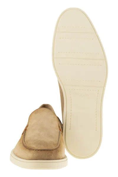 Santoni Brown Suede Loafers With Rubber Sole In Neutral