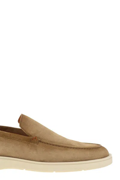 Santoni Brown Suede Loafers With Rubber Sole In Neutral