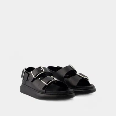 Alexander Mcqueen Black Slide Sandals With Embossed Logo In Leather Man In Black
