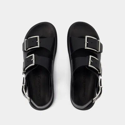 Alexander Mcqueen Black Slide Sandals With Embossed Logo In Leather Man In Black