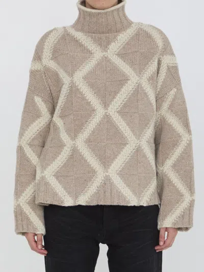 Bottega Veneta Argyle Intarsia-knit Wool Turtleneck Sweater In Beige