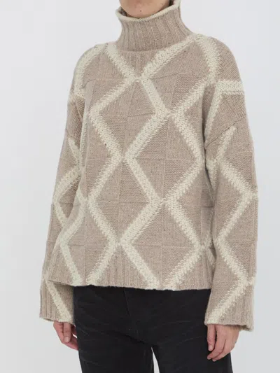 Bottega Veneta Argyle Intarsia-knit Wool Turtleneck Sweater In Beige