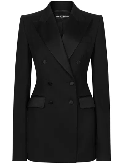 Dolce & Gabbana Double-breasted Wool Blend Blazer With Satin Detailing In Black