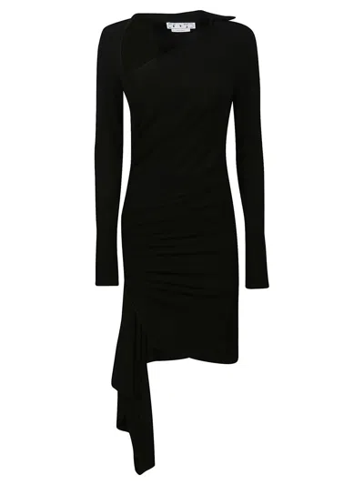 Off-white Mini Asymmetric Black Dress With Cut-out And Ruffle Detail In Viscose Stretch Woman In Black