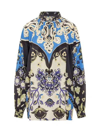 Etro Ornamental Print Silk Blouse In Blue