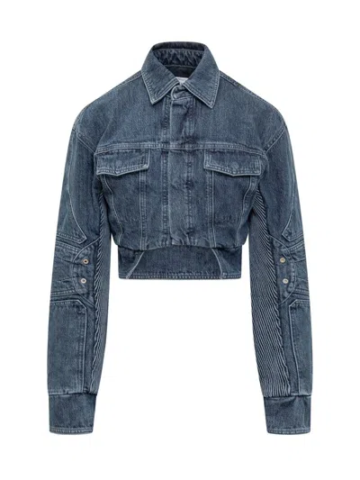 Off-white Cropped Denim Moto Jacket With Front Cutout In Blue