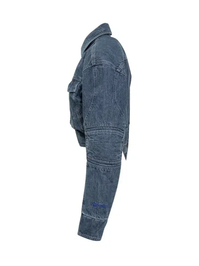 Off-white Cropped Denim Moto Jacket With Front Cutout In Blue