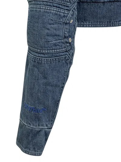Off-white Cropped Denim Moto Jacket With Front Cutout In Blue
