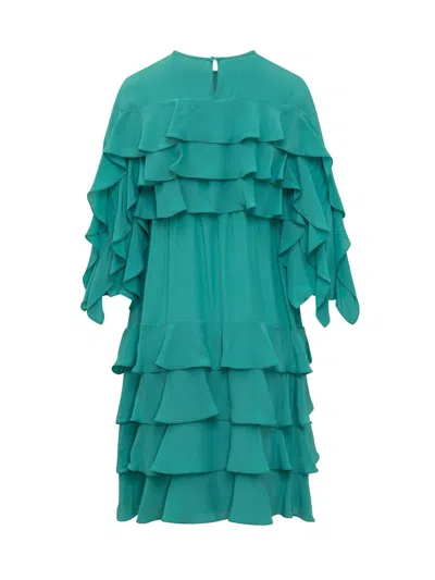 Rochas Ruffle Detail Pleated Asymmetric Dress In Green