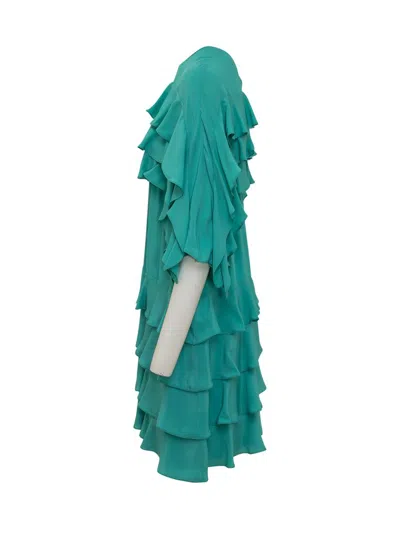 Rochas Ruffle Detail Pleated Asymmetric Dress In Green