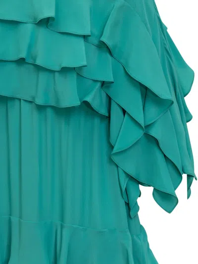 Rochas Ruffle Detail Pleated Asymmetric Dress In Green