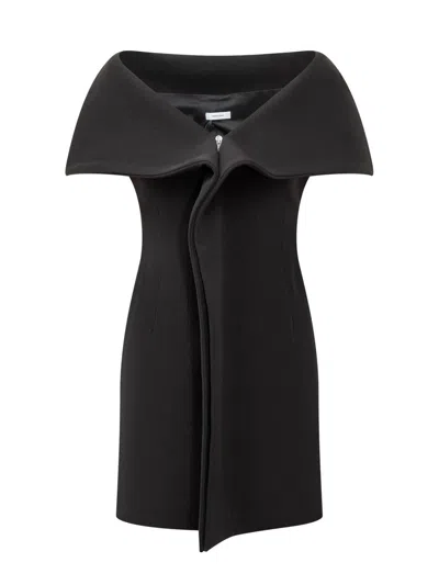 Ferragamo Black Short Dress With Bardot Neckline In Wool Blend Stretch Woman In Black