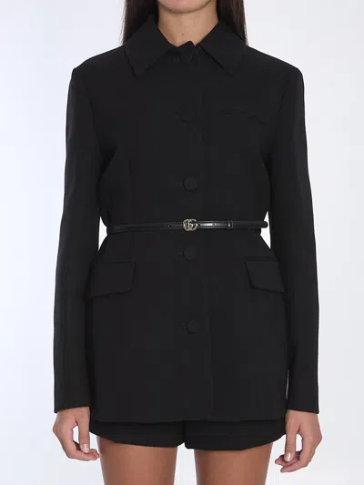 Gucci Black Jacket With Classic Collar And Belt With Double G Detail In Leather Woman In Animal Print
